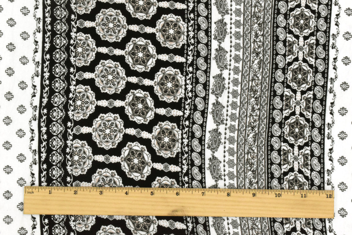 Ivory-Black-Beige Mix Pattern Printed Rayon Stretch Jersey Knit Fabric