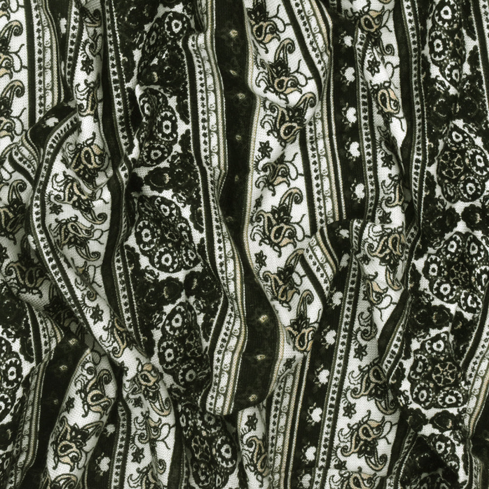 Black-Multi Mixed Pattern Stripe Printed Rayon Stretch Jersey Knit Fabric