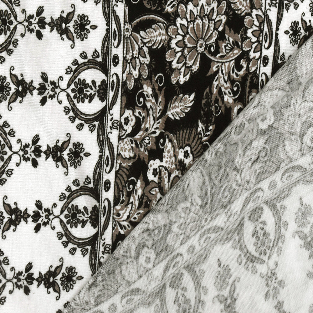 White-Taupe-Black Striped Floral Printed Rayon Stretch Jersey Knit Fabric