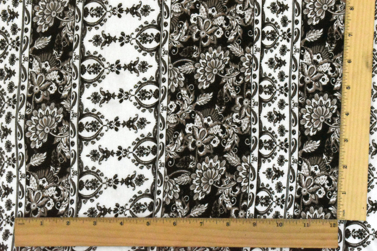 White-Taupe-Black Striped Floral Printed Rayon Stretch Jersey Knit Fabric