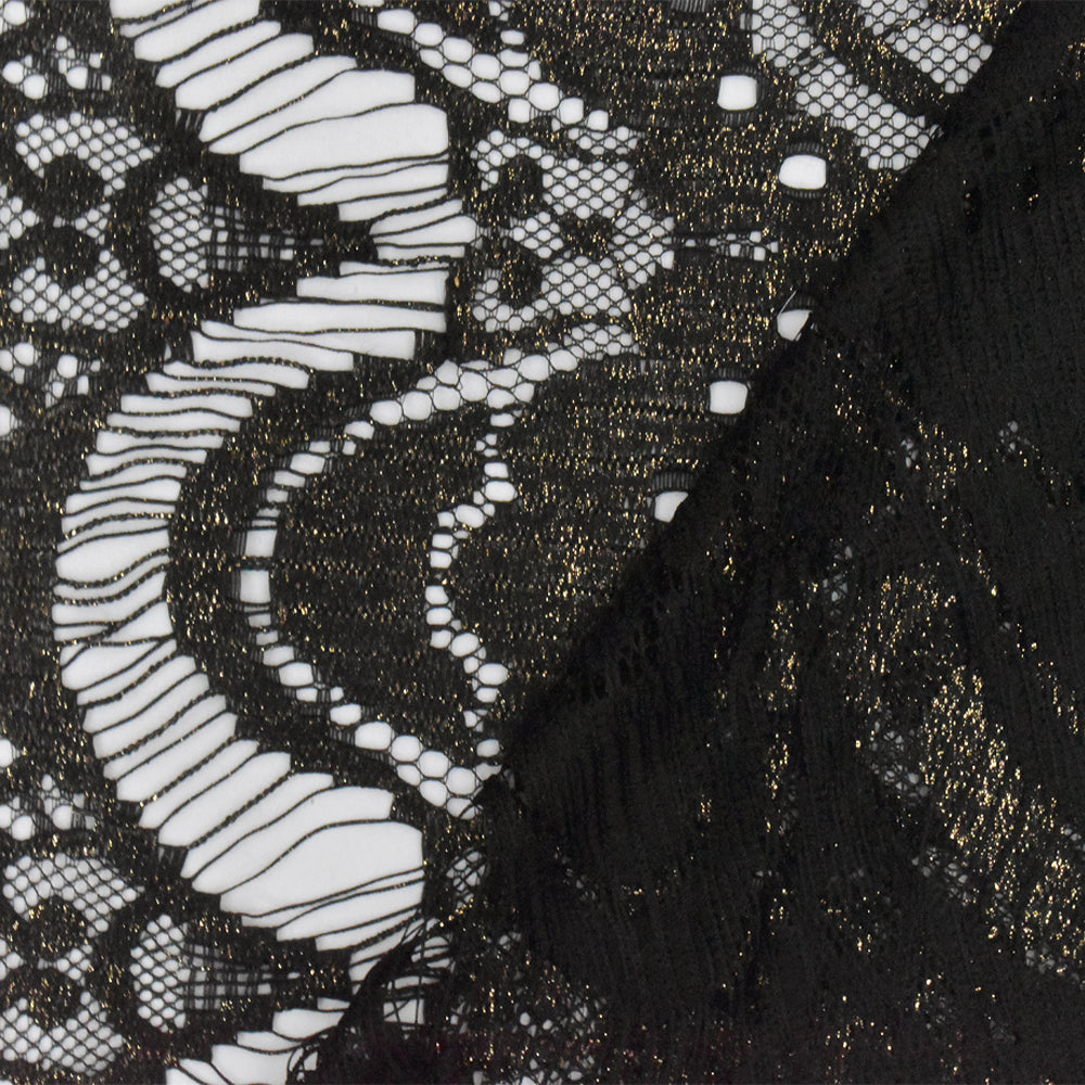 Onyx Black-Gold Printed Texture Fancy Scallop Lace Knit Fabric