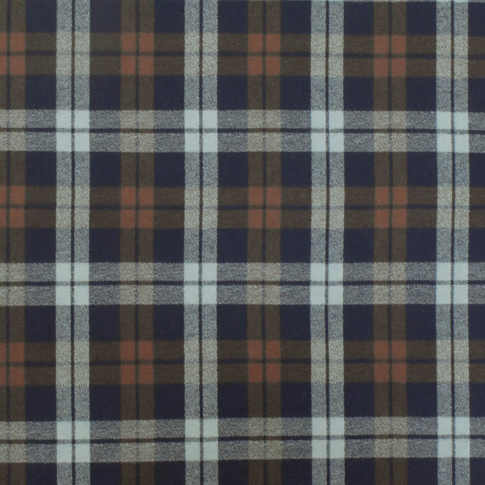 Vintage Navy-Brown-Gray Plaid Cotton Momie Woven Fabric