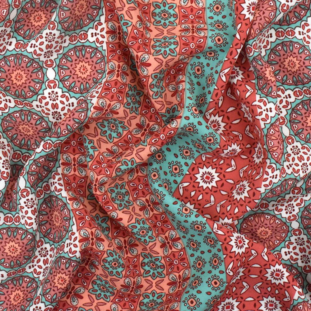 Carol Pink-Teal-Multi Moroccan Printed Polyester Georgette Woven Fabric