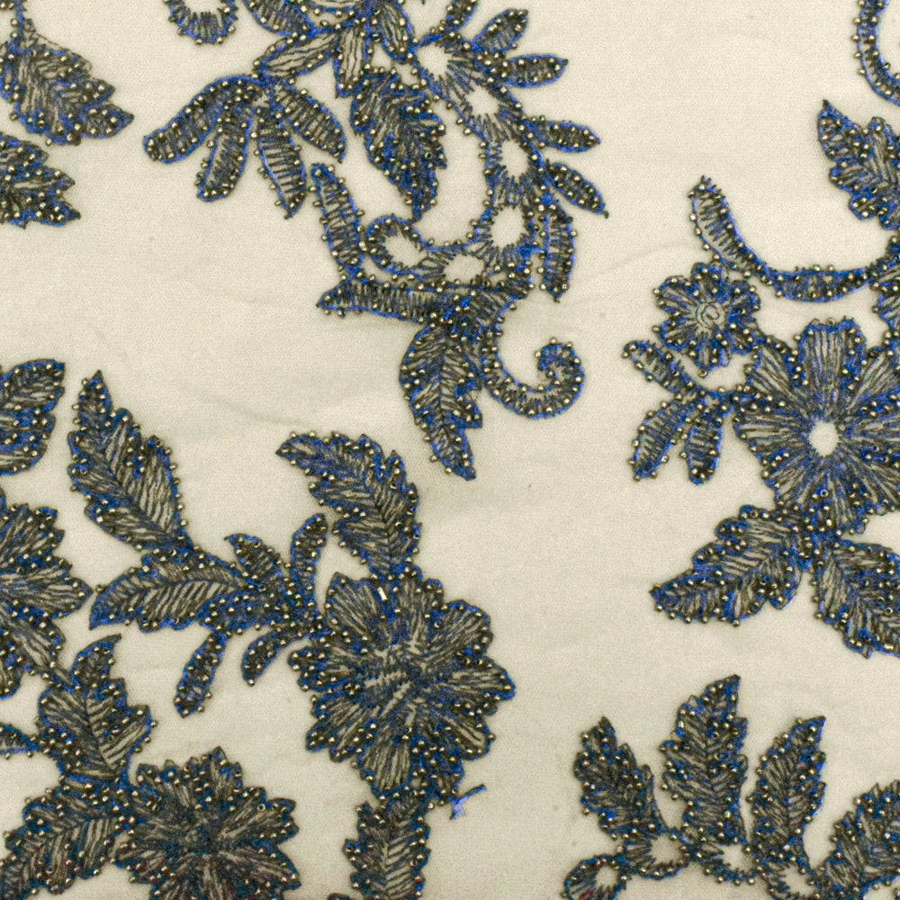 Beige-Blue-Silver Floral Bead Embroidered Scallop Tulle Fabric