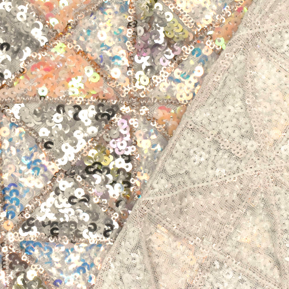 Pink Beige-Silver-Multi Triangles Sequined Stretch Mesh Fabric