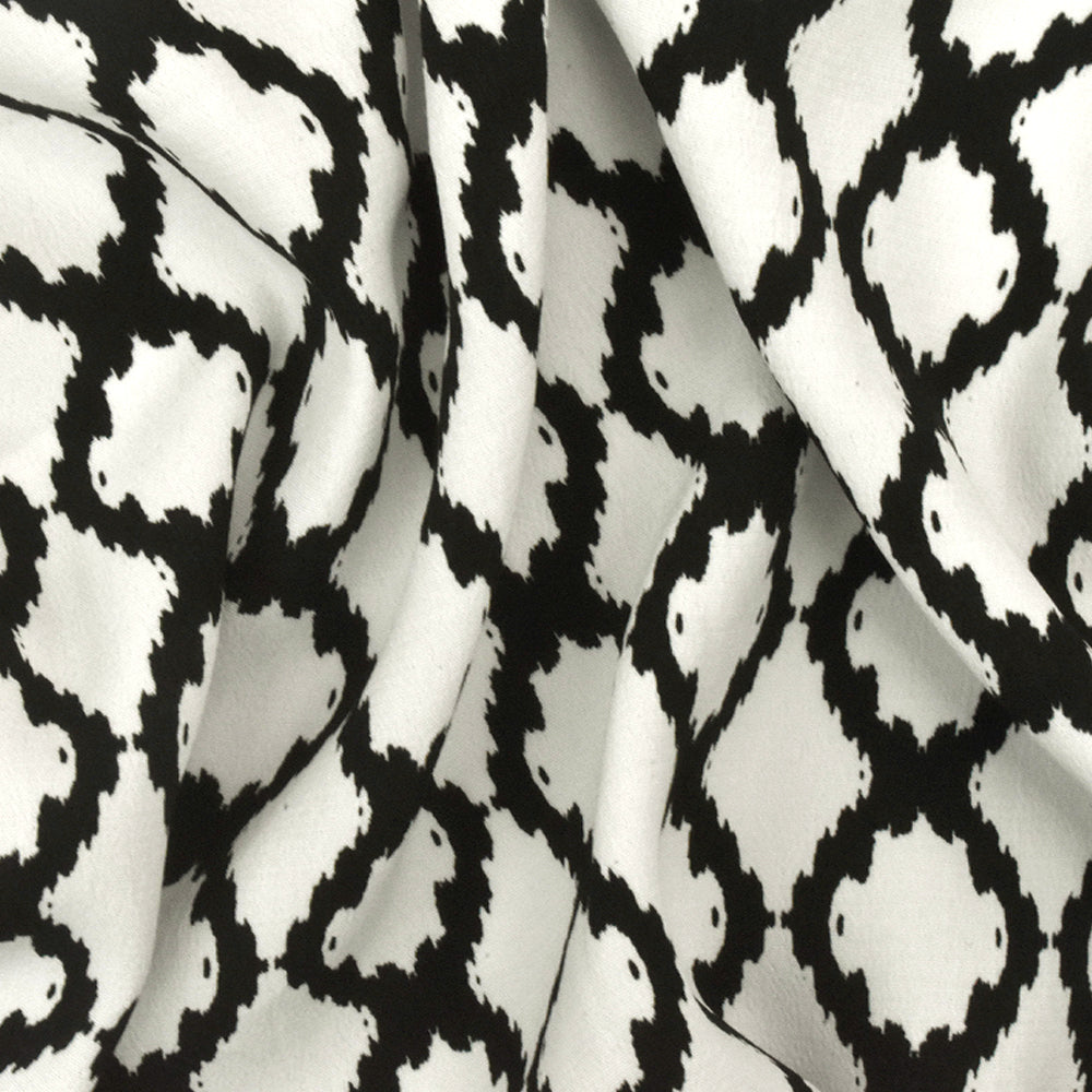 Black-White Famous Designer Ikat Ogee Printed Cotton Crepe Faille Fabric