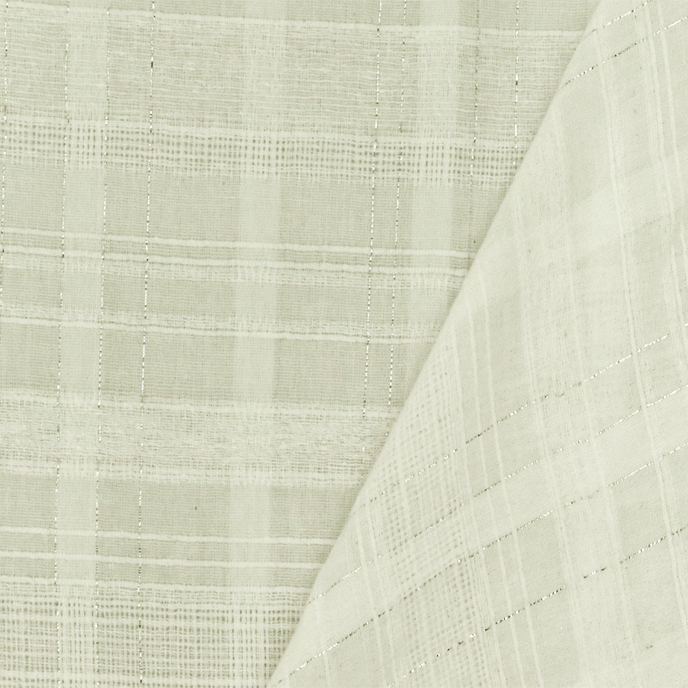 Ivory-Silver Famous Designer Semi-Sheer Plaid Texture Woven Fabric