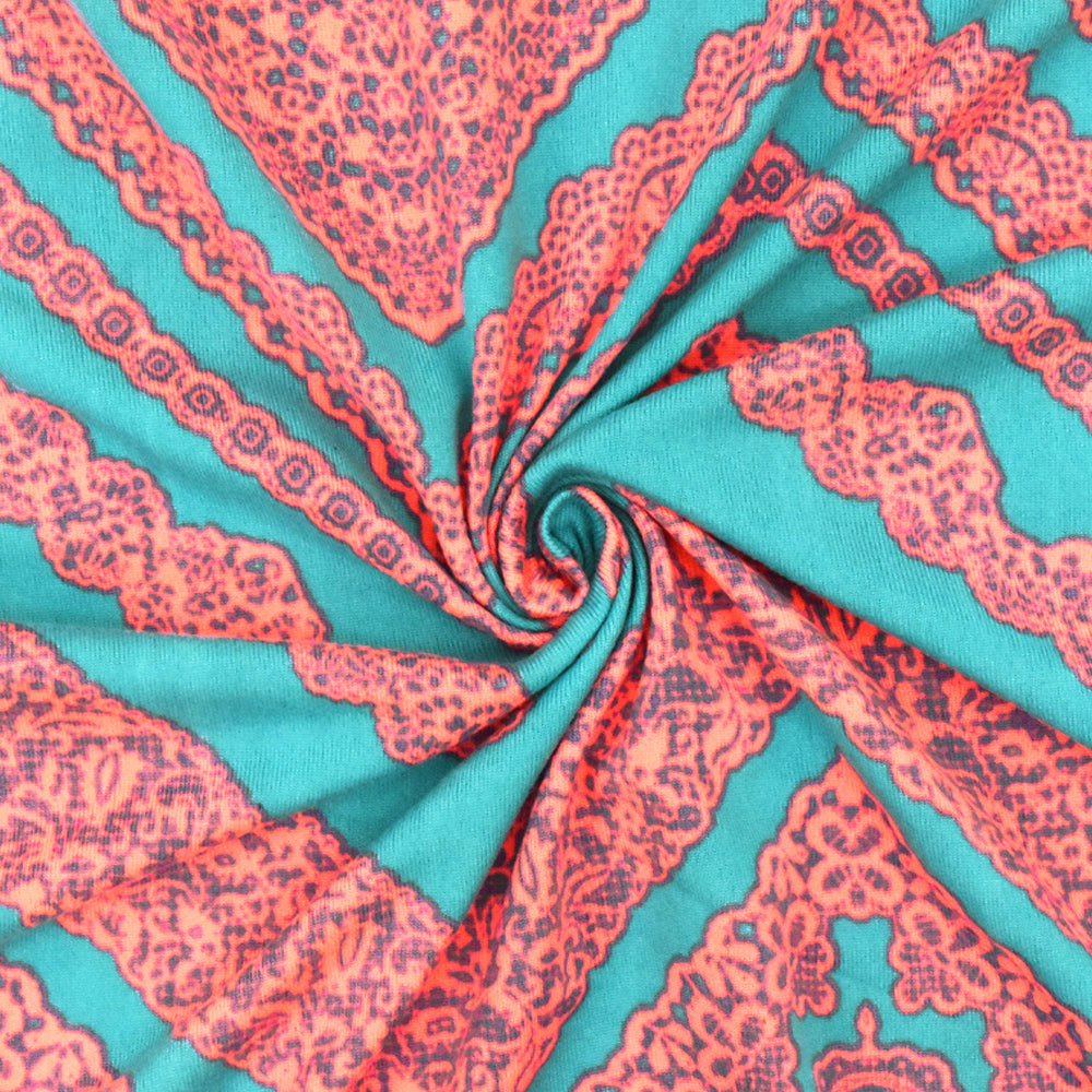 Aqua Teal-Neon Coral Lace Chevron Printed Double Brushed ITY Knit Fabric