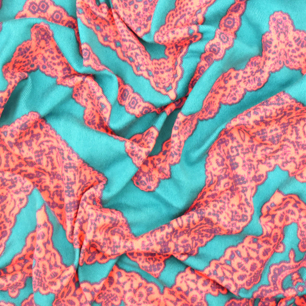Aqua Teal-Neon Coral Lace Chevron Printed Double Brushed ITY Knit Fabric