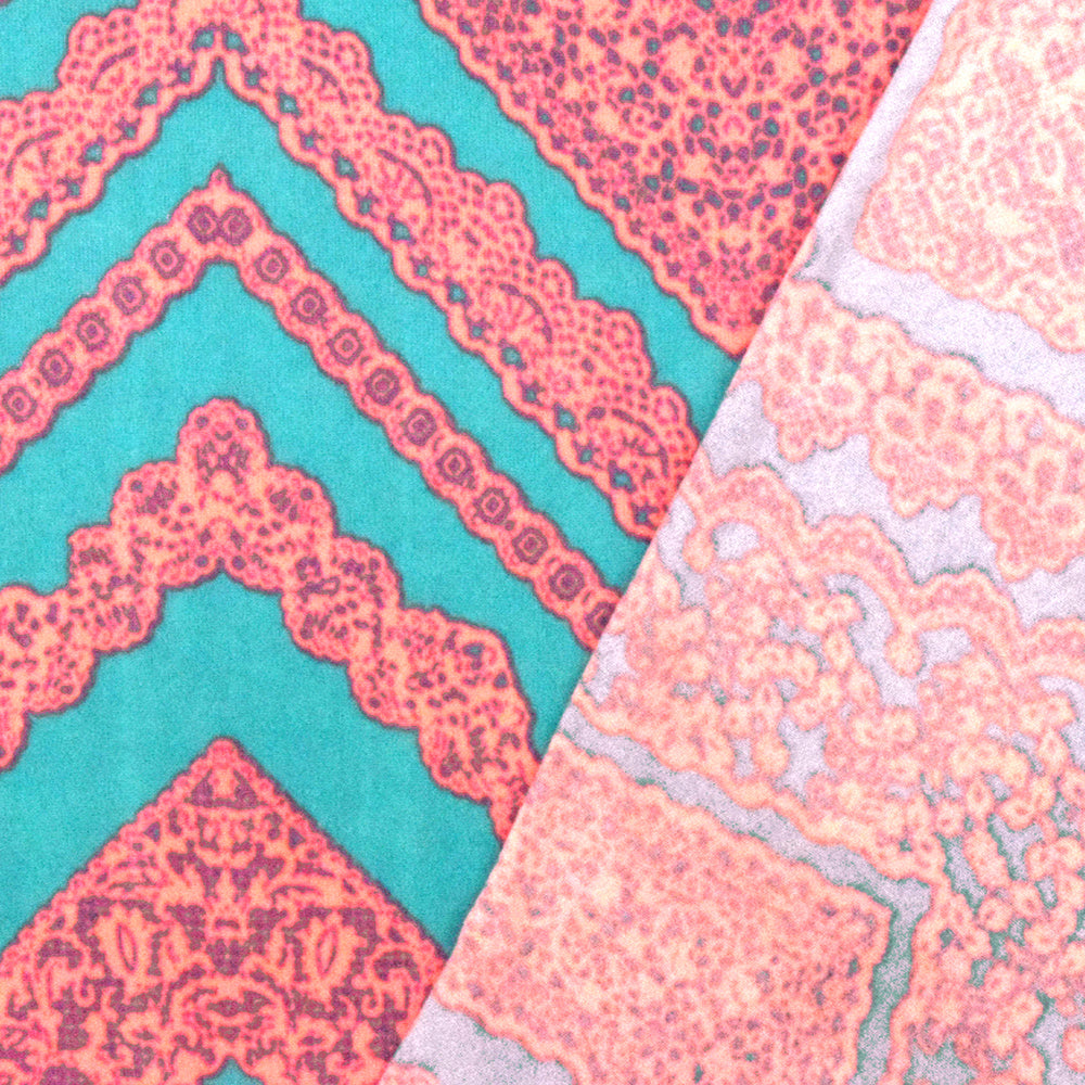 Aqua Teal-Neon Coral Lace Chevron Printed Double Brushed ITY Knit Fabric