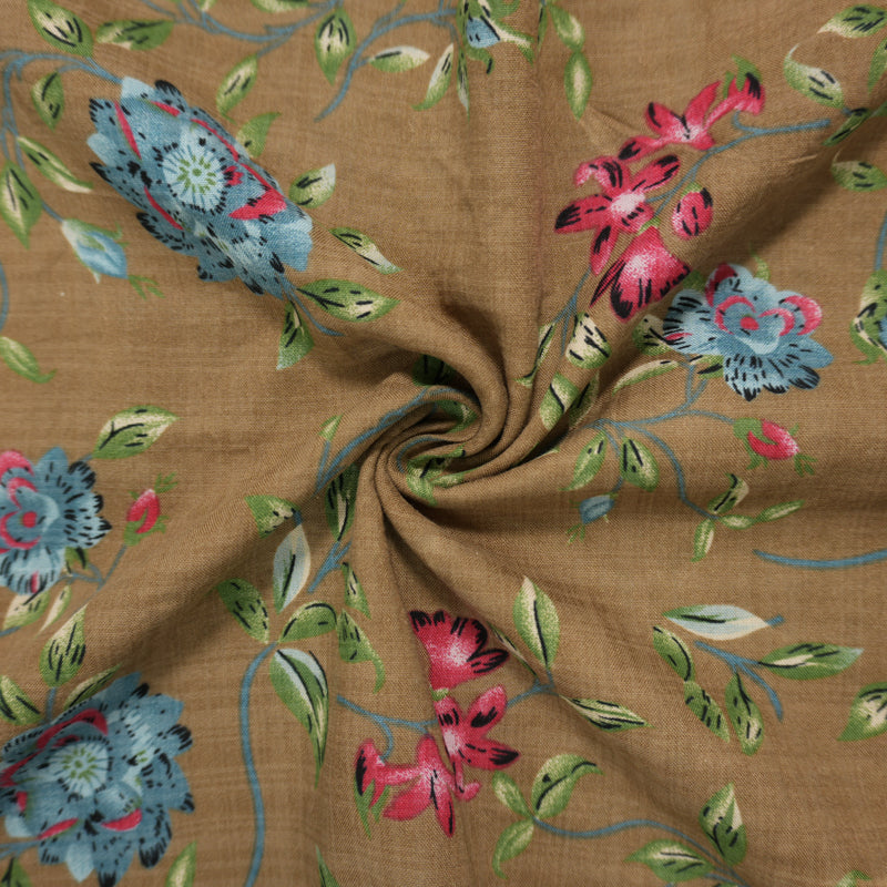 Brown-Green-Multi Cotton Floral Printed Voile Woven Fabric