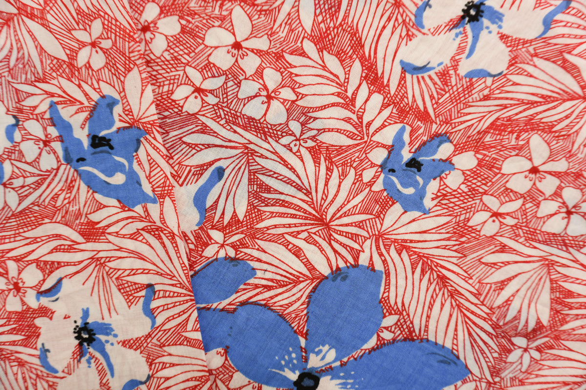 Red-White-Multi Cotton Floral Printed Voile Woven Fabric