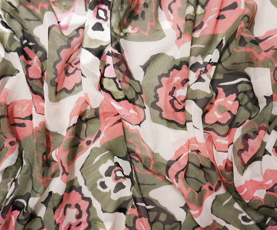 Pink Silk Floral Printed Dobby Chiffon Woven Fabric