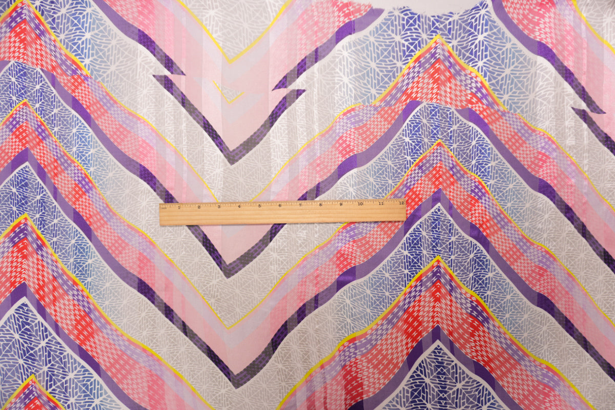 Red-Multi Silk Abstract Chevron Print Chiffon Satin Woven Fabric