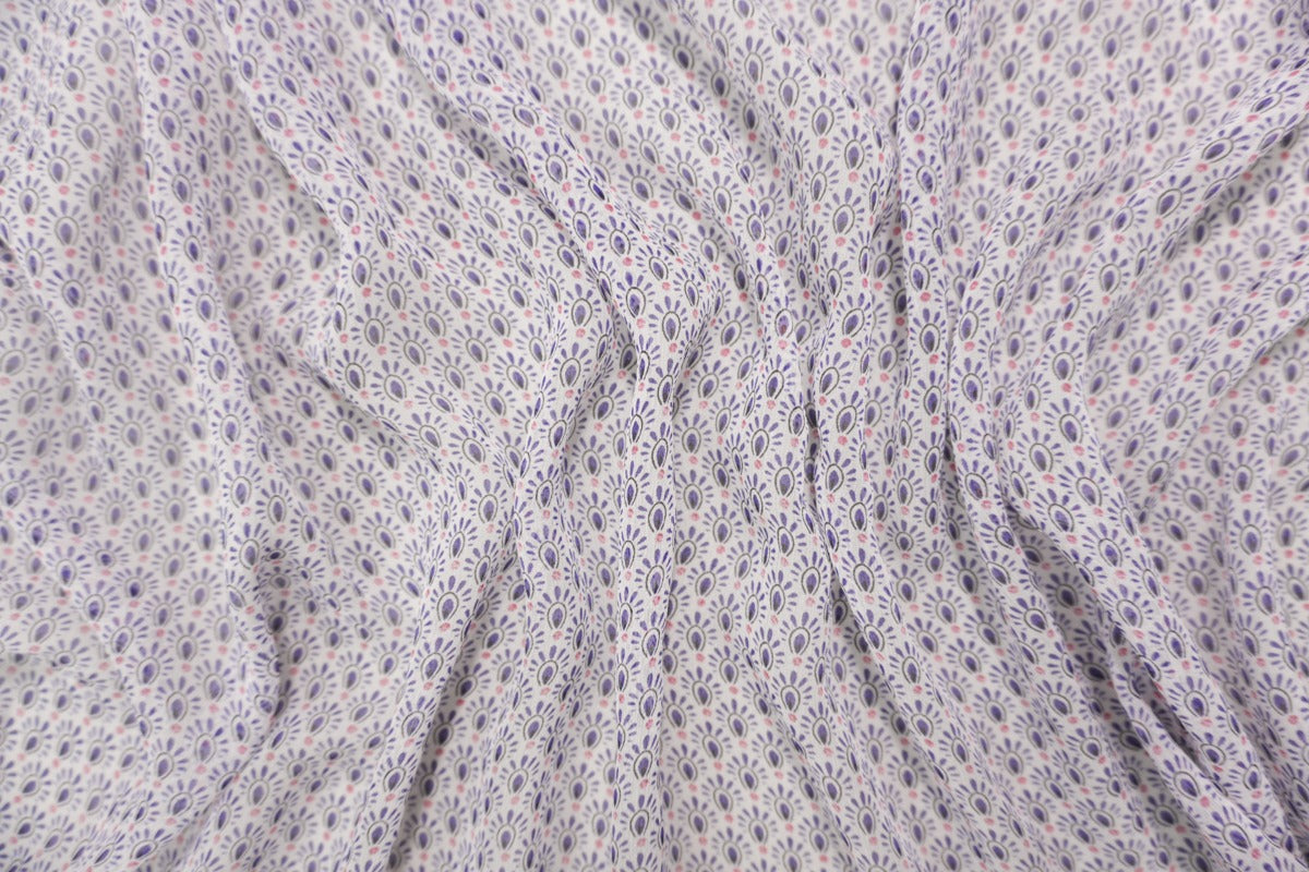 White-Multi Silk Abstract Printed Chiffon Woven Fabric