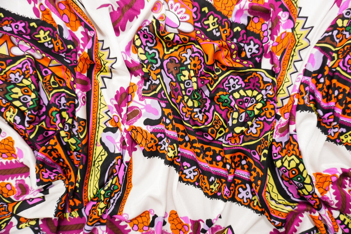 Orange Silk Abstract Medallion Printed Interlock Knit Fabric