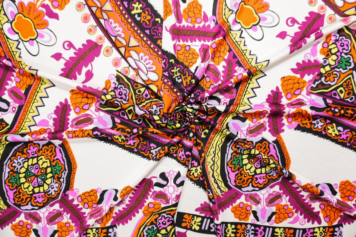 Orange Silk Abstract Medallion Printed Interlock Knit Fabric