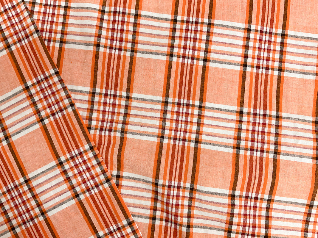 Orange Cotton Spandex Stretch Plaid Madras Woven Fabric