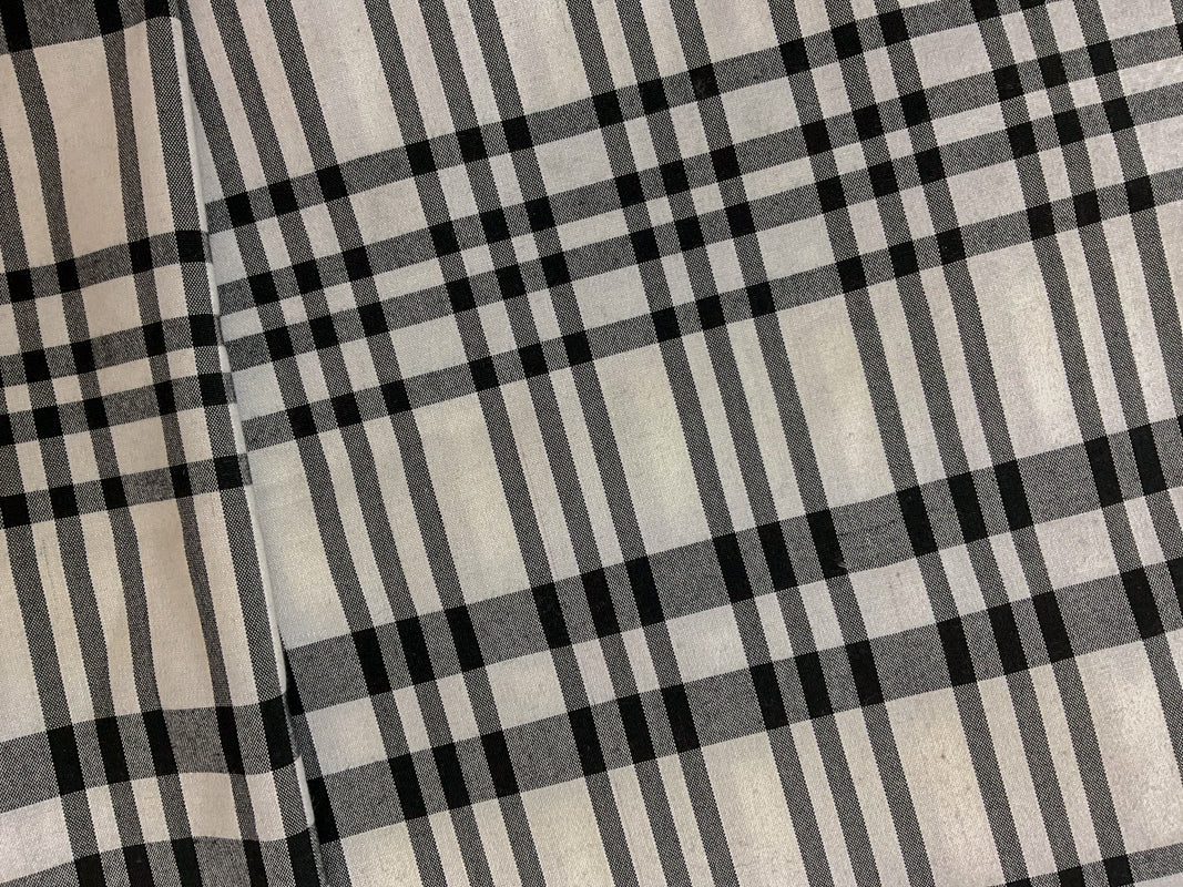 White-Black Cotton Spandex Plaid Madras Woven Fabric