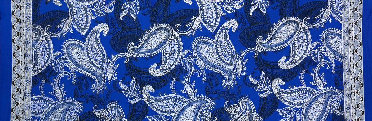Blue-Silver Poly Blend Paisley Border ITY Knit Famous Designer Fabric