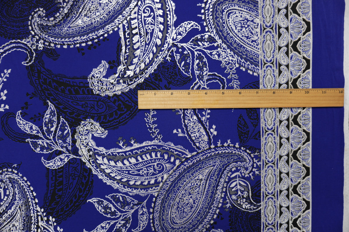 Blue-Silver Poly Blend Paisley Border ITY Knit Famous Designer Fabric