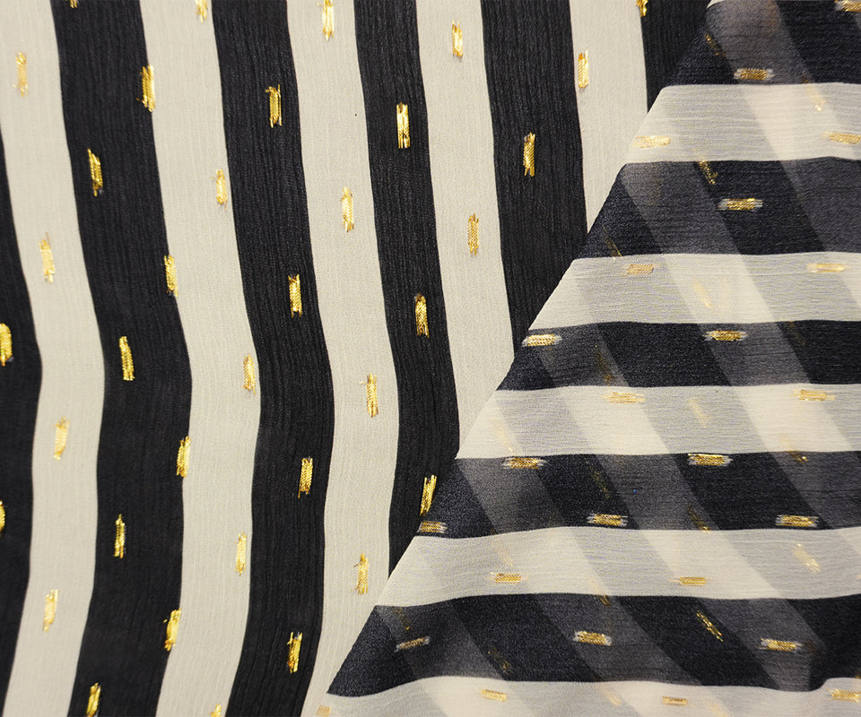 Black-Gold Viscose Metallic Stripe Chiffon Famous Designer Fabric