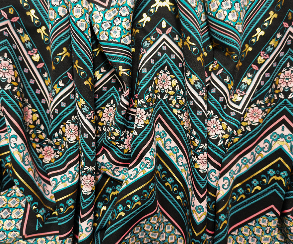 Black-Teal-Multi Poly Blend Chevron Scuba Knit Fabric