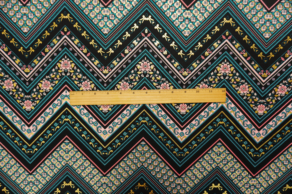 Black-Teal-Multi Poly Blend Chevron Scuba Knit Fabric