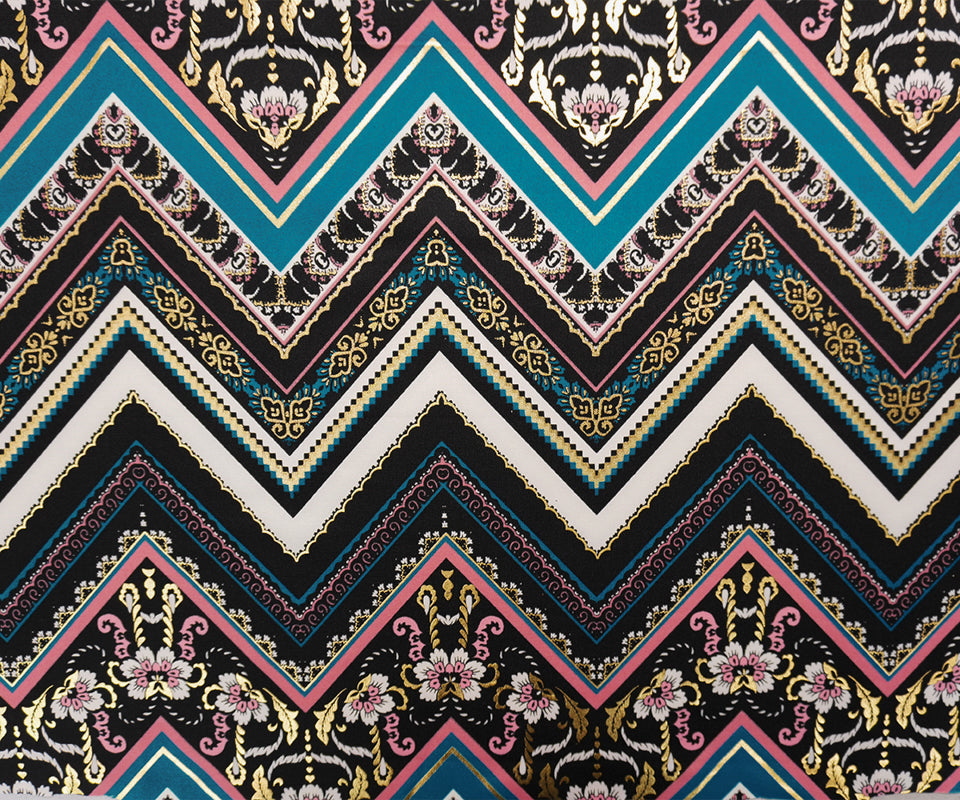 Black-Teal Poly Blend Floral Chevron Scuba Knit Fabric
