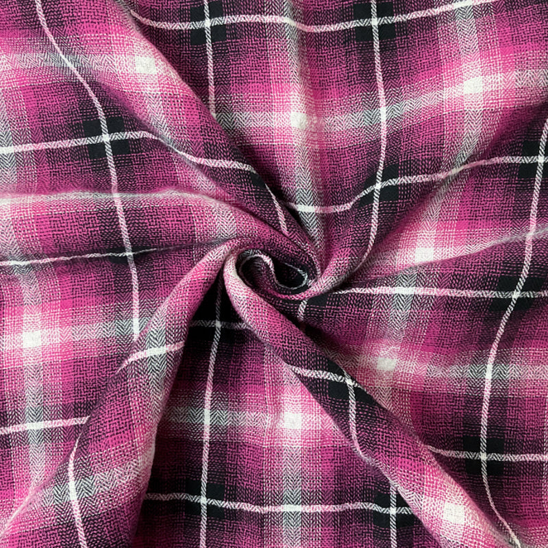 Pink-Black-White Cotton Plaid Herringbone Gauze Woven Fabric