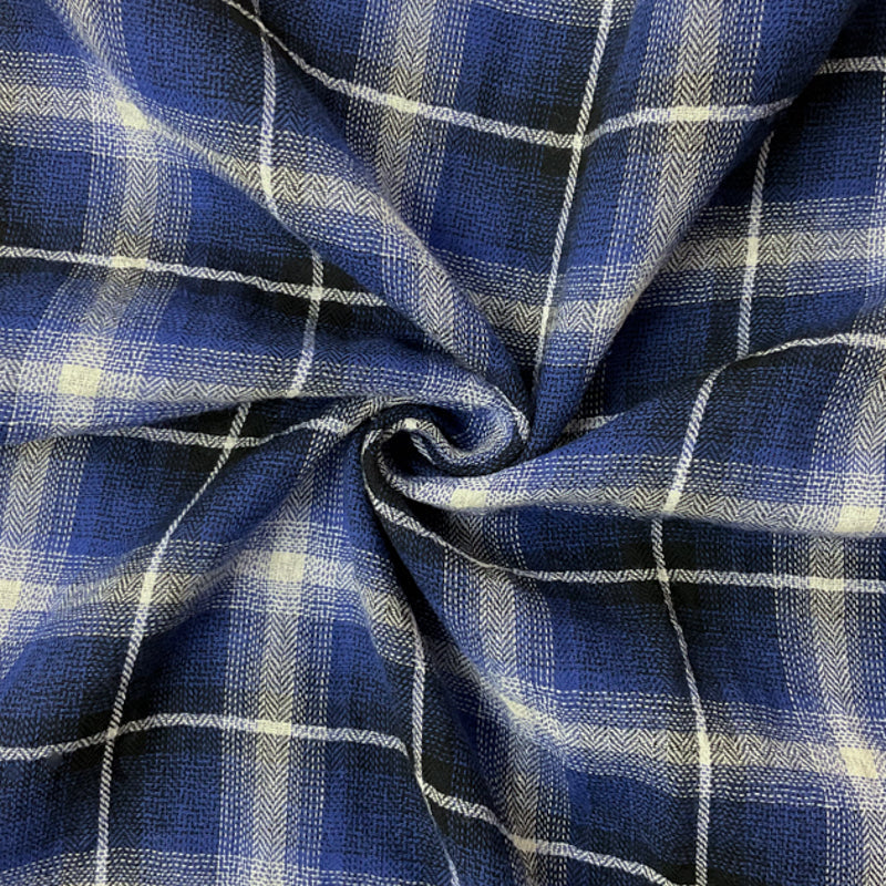 Blue-Multi Cotton Plaid Herringbone Gauze Woven Fabric