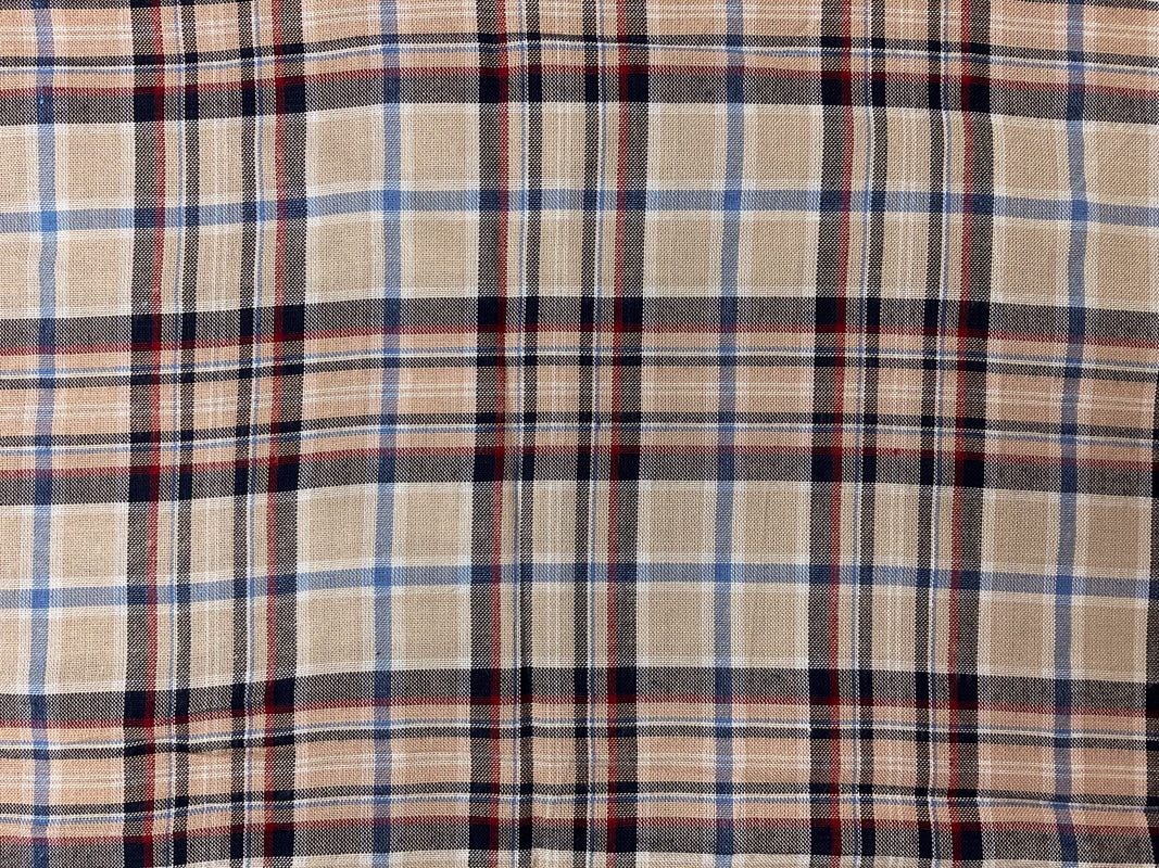 Beige-Red-Blue Rayon Plaid Woven Fabric