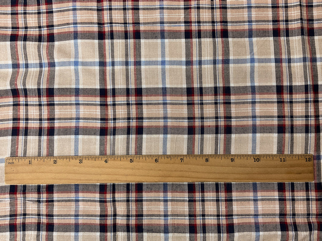 Beige-Red-Blue Rayon Plaid Woven Fabric