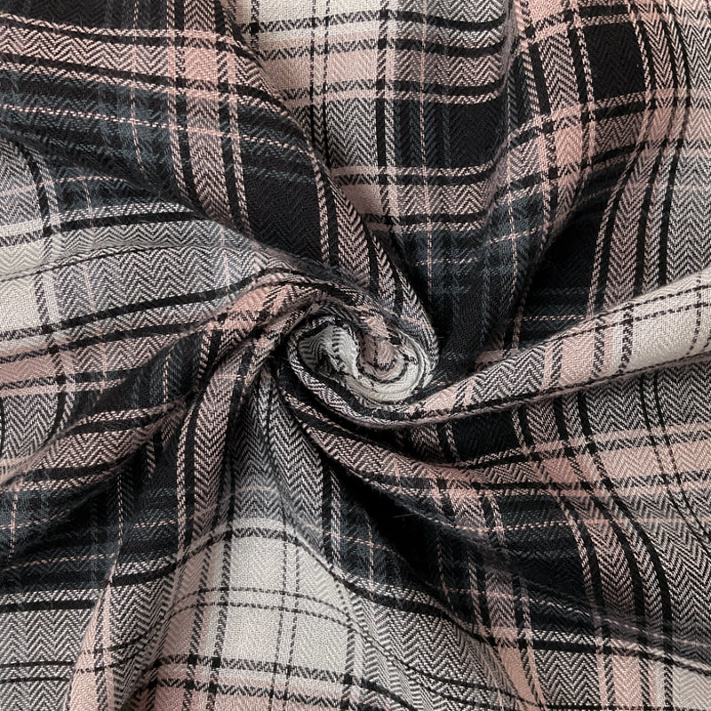 Black-Pink-Multi Rayon Plaid Herringbone Twill Gauze Woven Fabric