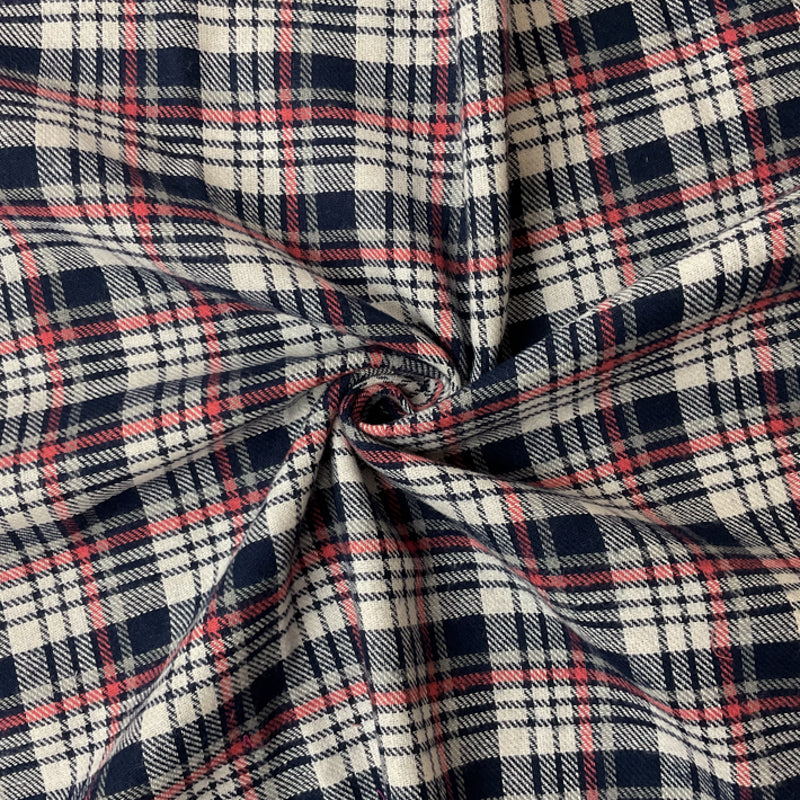 Navy-Coral-White Cotton Plaid Flannel Twill Woven Fabric