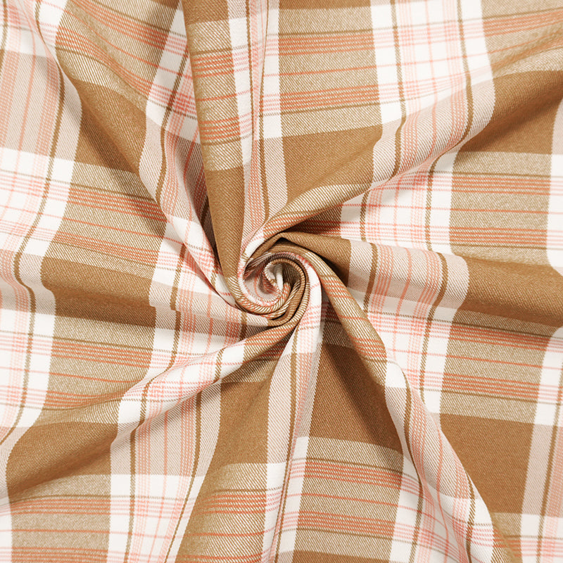 Brown-Coral Rayon Cotton Spandex Stretch Plaid Twill Woven Fabric