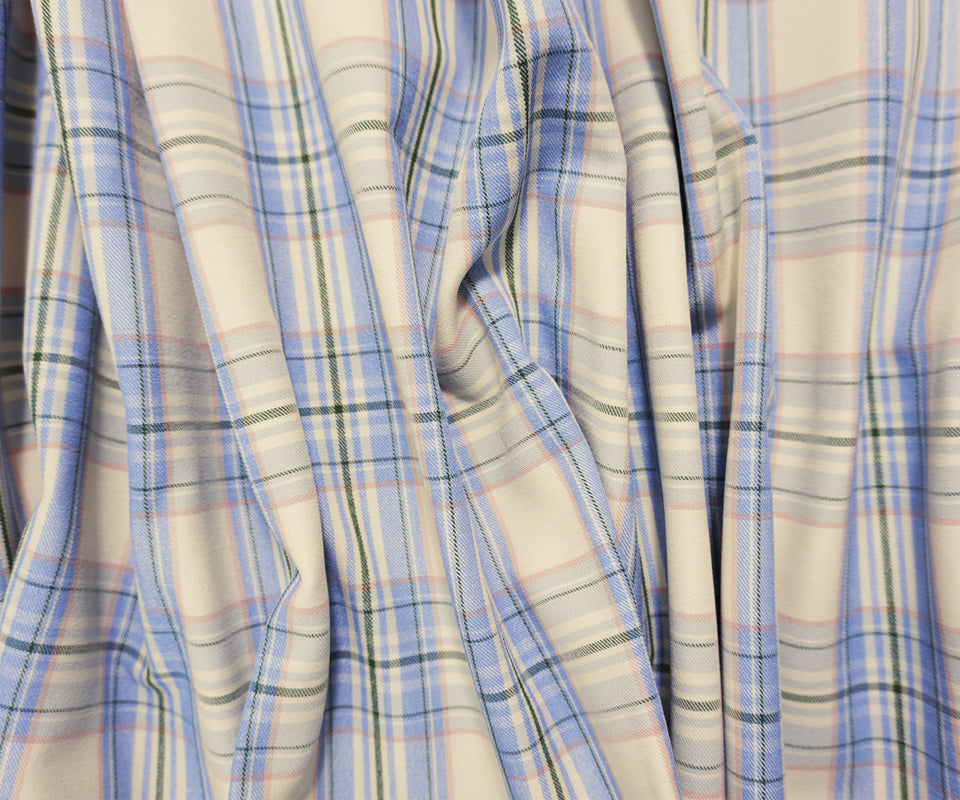 Blue-Pink-Multi Rayon Cotton Stretch Plaid Twill Woven Fabric