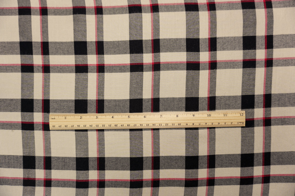 Black-Red-Multi Rayon Plaid Twill Woven Fabric