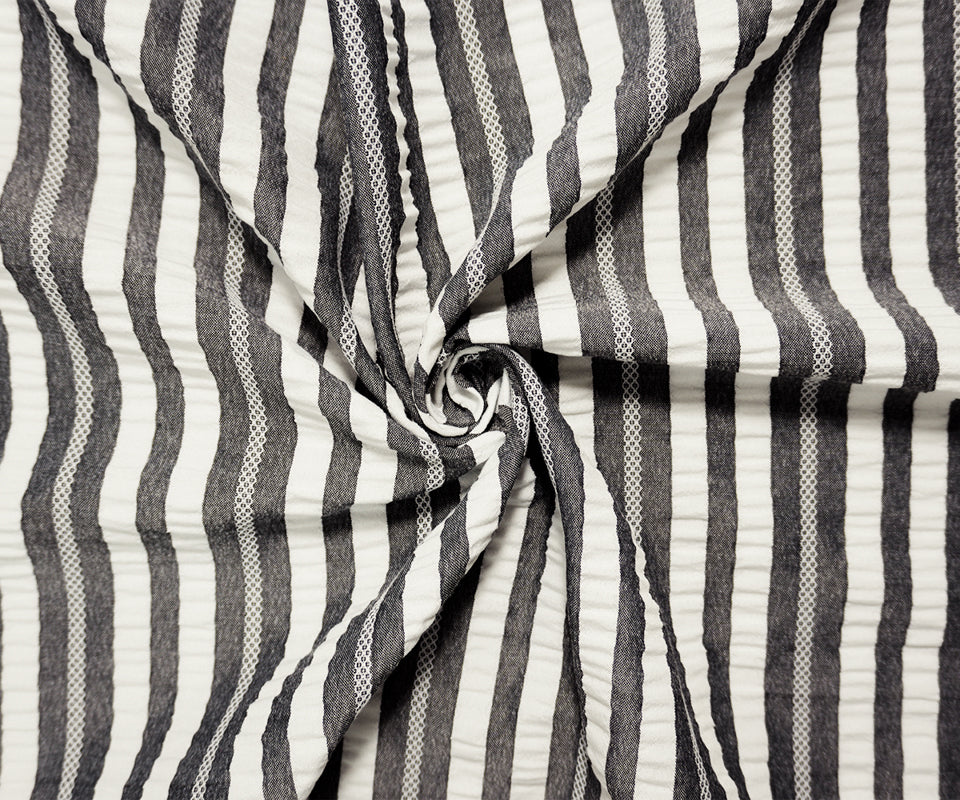 Gray-White Famous Maker Poly Stripe Crinkled Dobby Woven Fabric