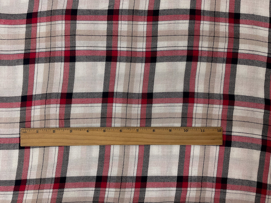 Red-White-Multi Rayon Plaid Twill Woven Fabric