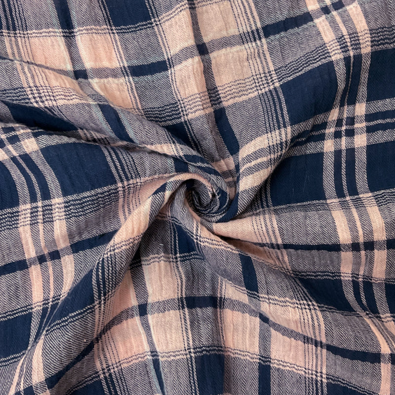 Pink-Deep Navy Cotton Crinkled Gauze Woven Fabric