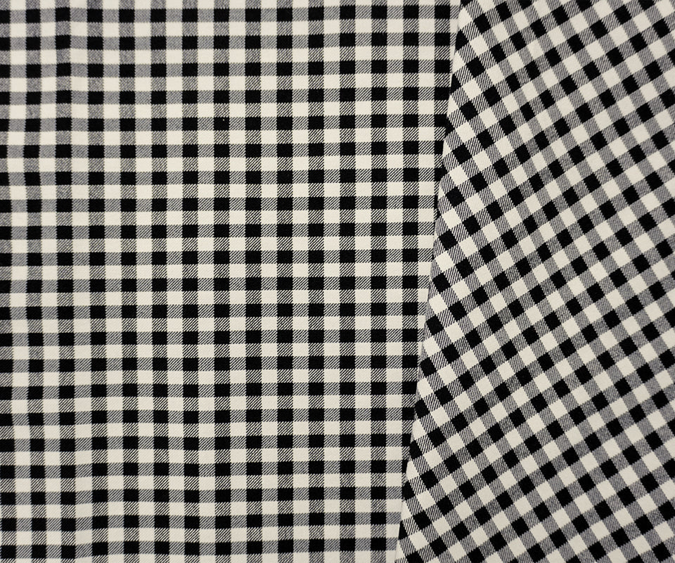 Black-White Rayon Blend Stretch Gingham Check Twill Woven Fabric