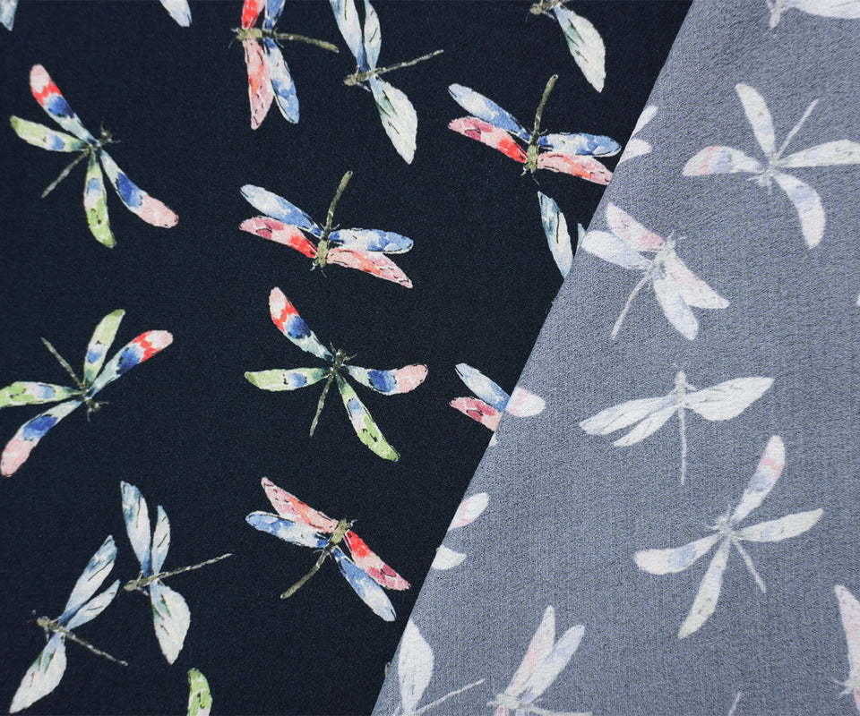 Deep Navy-Multi Designer Viscose Dragonfly Crepe Faille Fabric