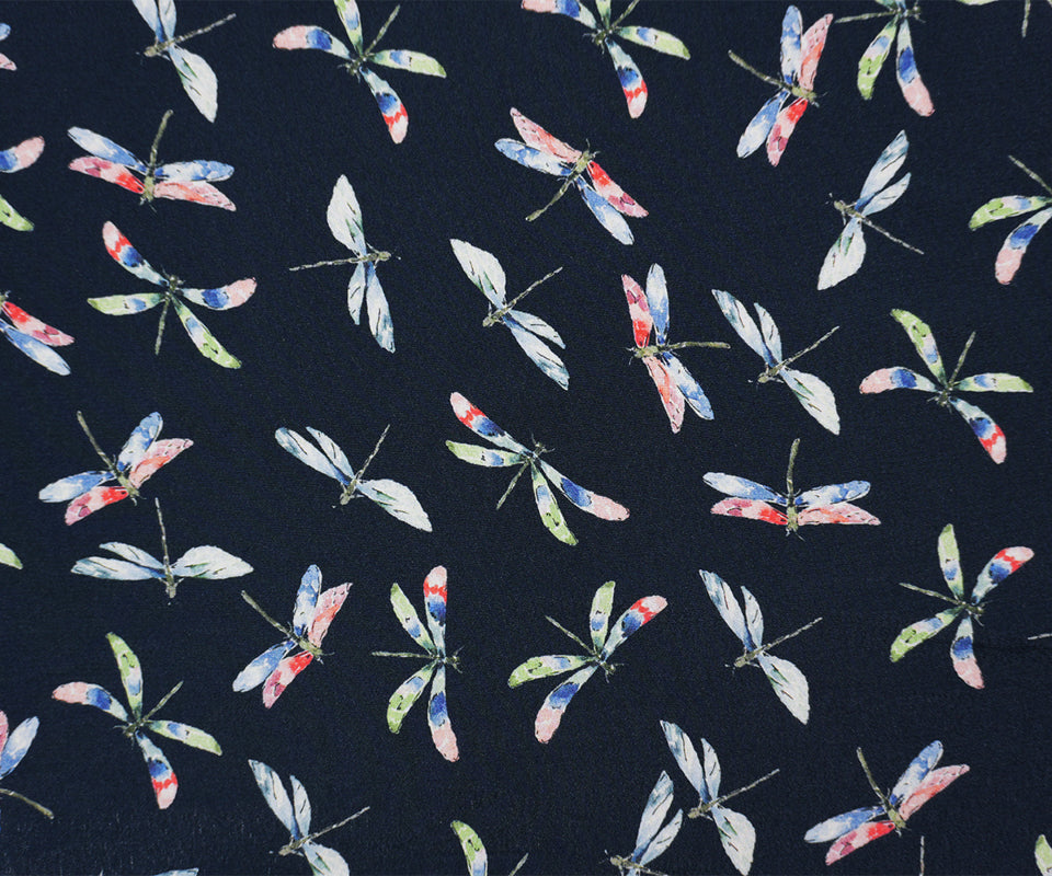 Deep Navy-Multi Designer Viscose Dragonfly Crepe Faille Fabric