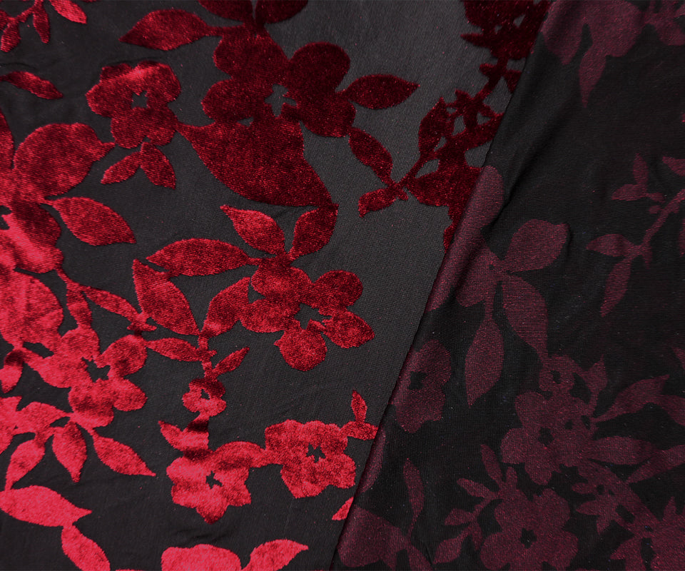 Black-Red Designer Poly Nylon Burnout Floral Velvet Knit Fabric