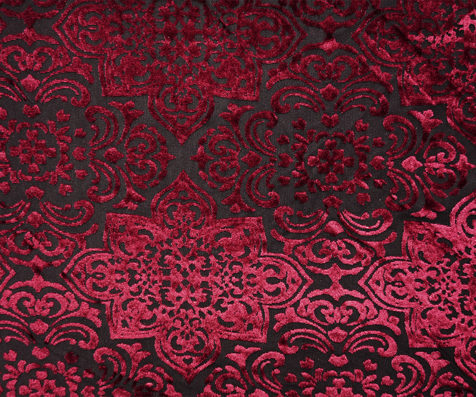 Black-Red Designer Poly-Nylon Floral Burnout Velvet Knit Fabric