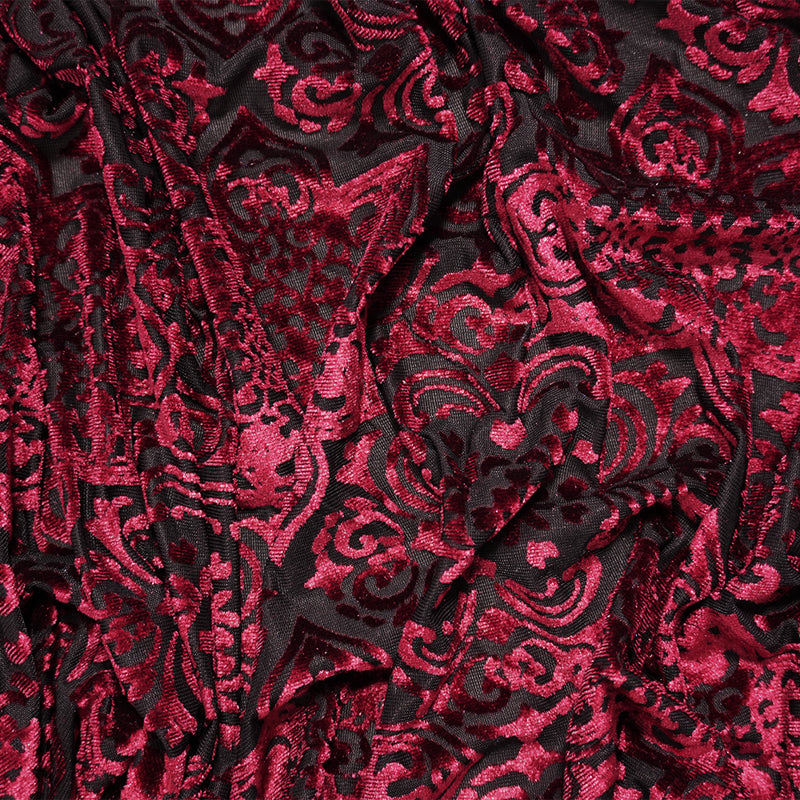Black-Red Designer Poly-Nylon Floral Burnout Velvet Knit Fabric