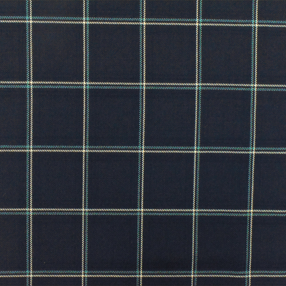 Deep Navy-Beige-Green Check Wool-Poly Twill Woven Suiting Fabric