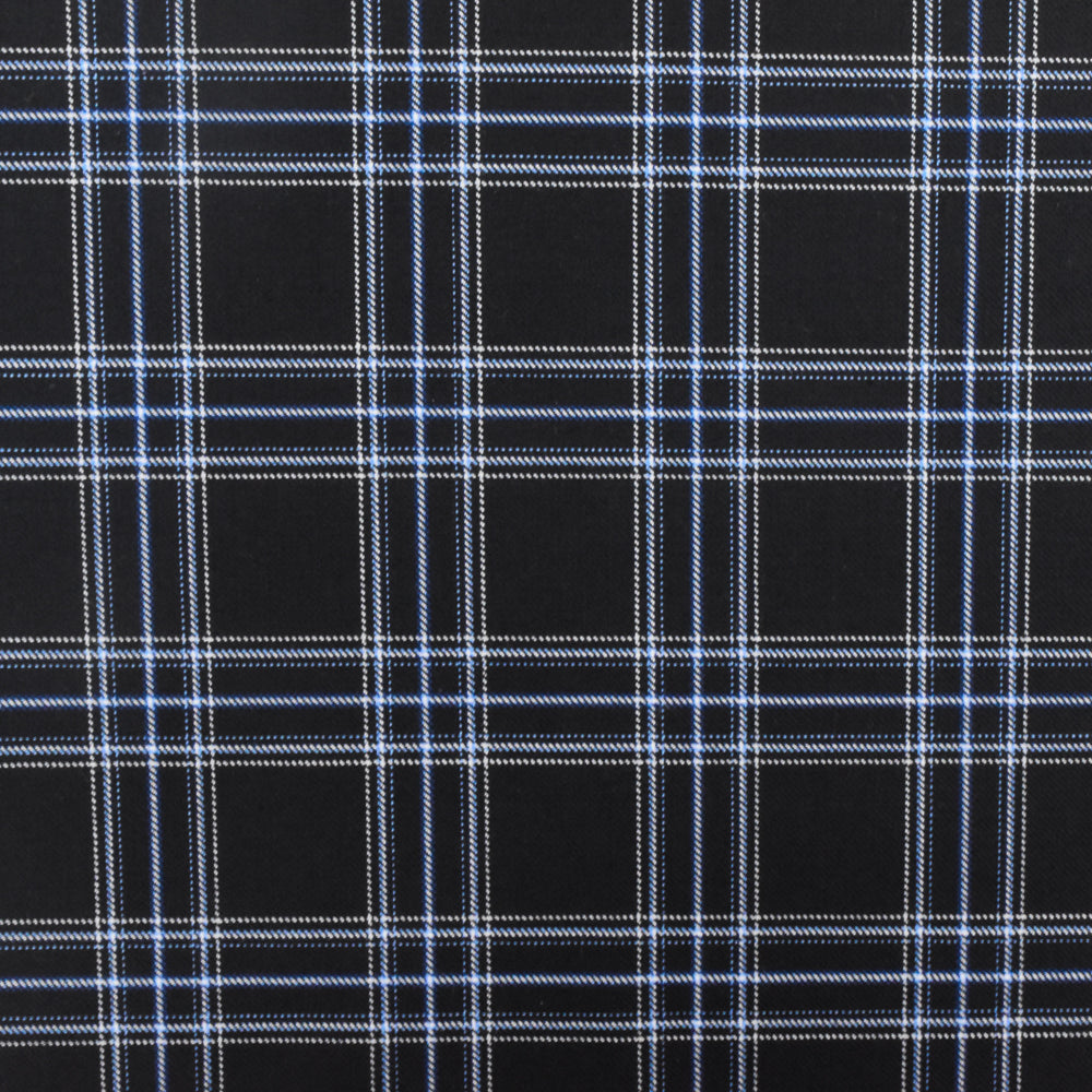 Cold Black-Blue-Multi Plaid Poly-Wool Twill Woven Fabric