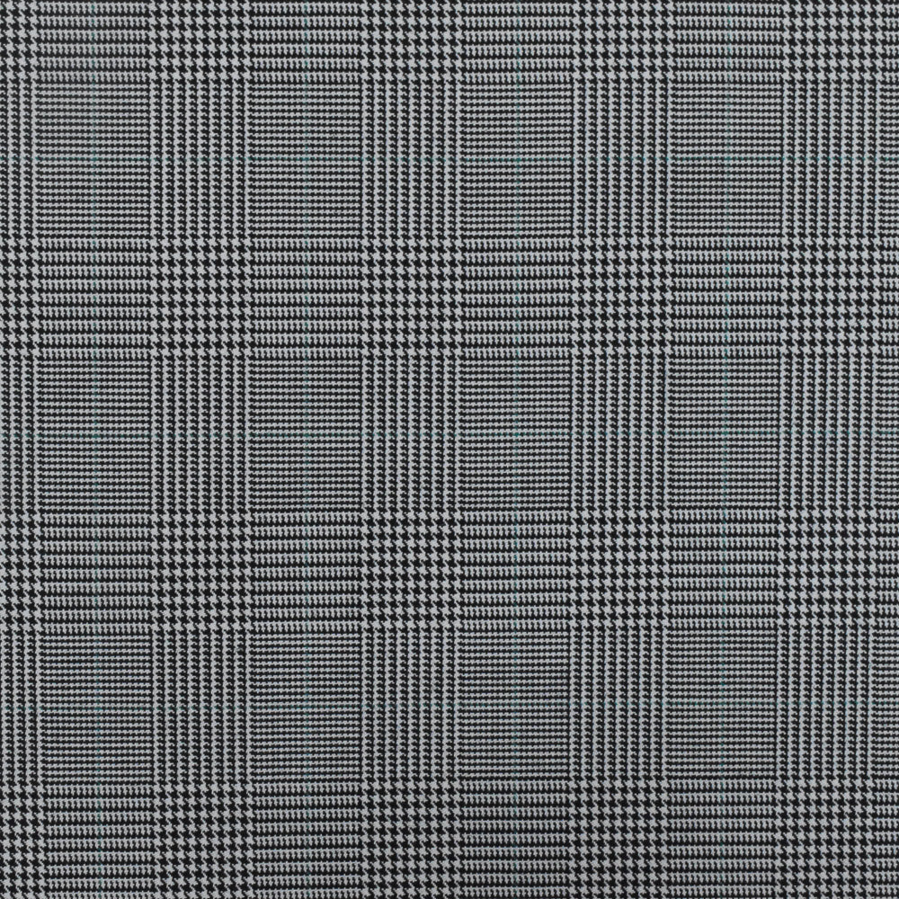 Light Gray-Black-Green Glen Plaid Wool-Poly Twill Woven Suiting Fabric
